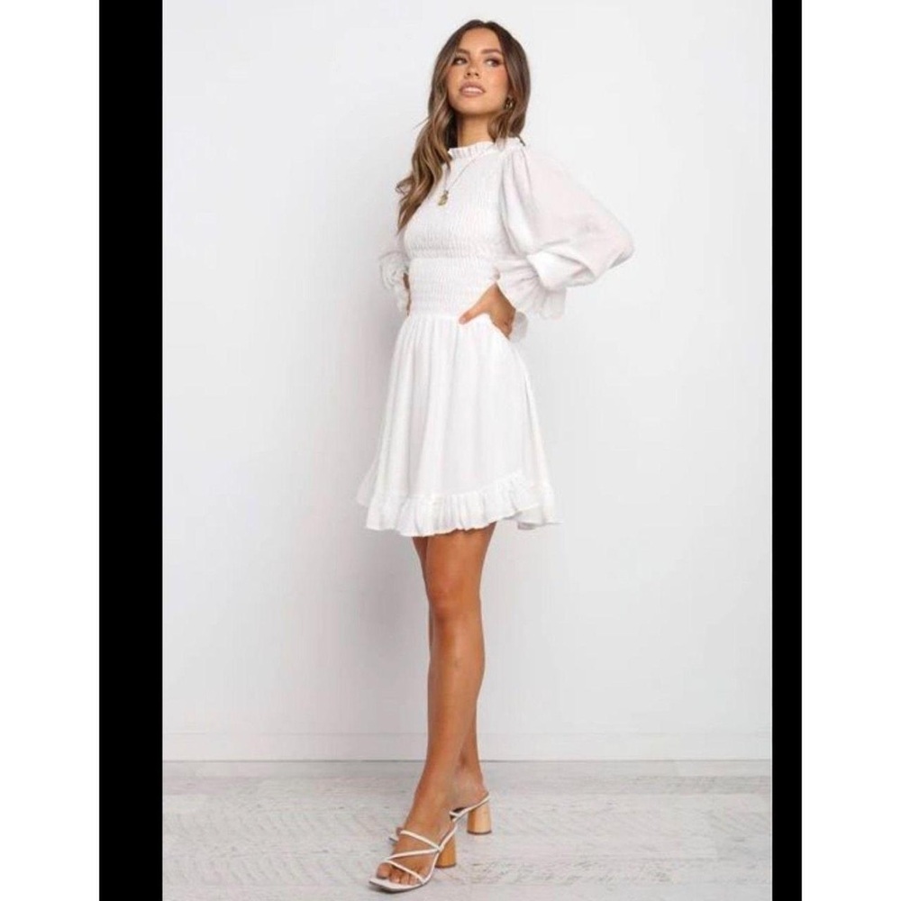 Petal & Pup White Smocked Mini Dress with Ruffle Hem and Long Sleeves